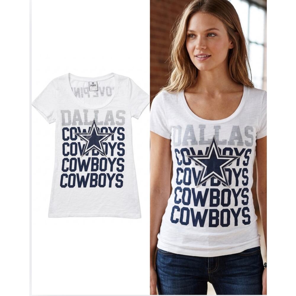 VS PINK x NFL Dallas Cowboys Rhinestone Graphic Tee White Scoop Neck Small